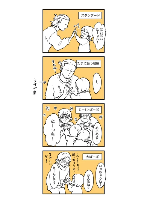 娘のバイバイの仕方が多彩。(大ばーばへの愛が若干重め)
#育児漫画 #育児絵日記 