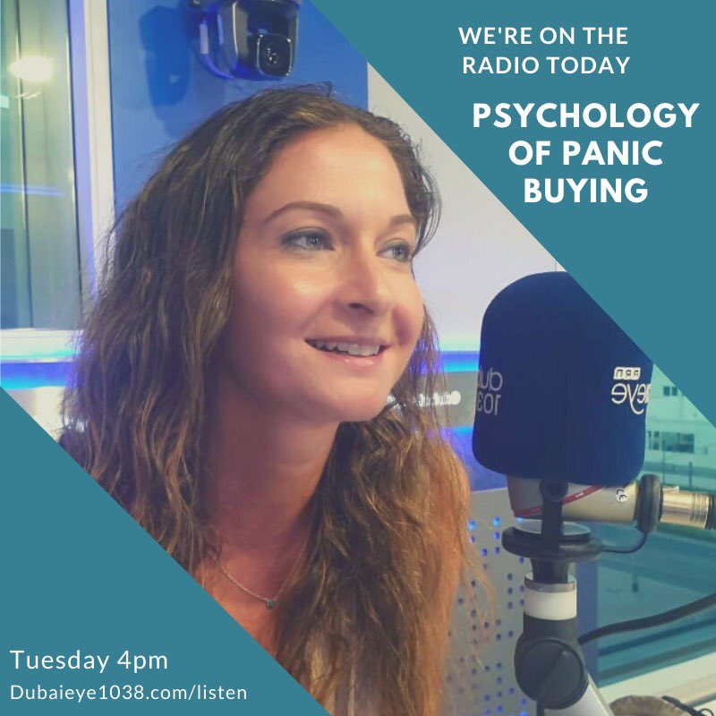HRICDubai's tweet photo. @DrThoraiya is going live on air to talk about the Psychology of Panic Buying. Join the conversation today at 4pm on @dubaieye1038fm
SMS your questions to 4001
#radio #radiodiscussions #panic #anxiety #panicbuying #psychology #reachout #letstalk #mentalhealthawareness https://t.co/DgswexVXDx