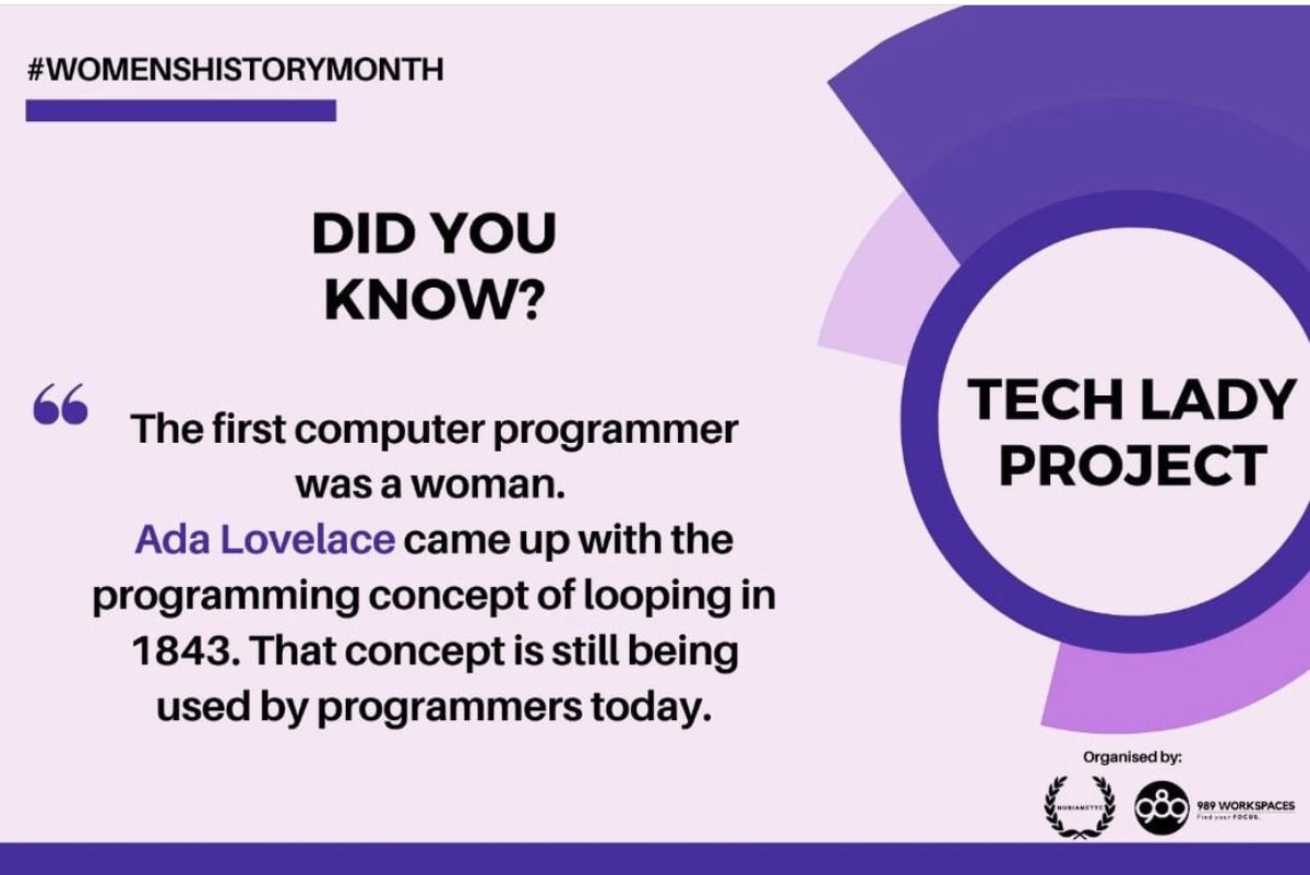 989TechTalk's tweet photo. Ada Lovelace was an amazing computer programmer. She came up with the programming concept of looping in 1843 and that concept is still being used by programmers today.
.
#989techtalk
#techladyproject
#techfacts
#GTBank
#iwd2020
@techladyproject https://t.co/9IgzHx52oW