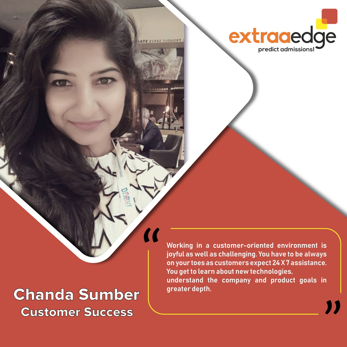 ExtraaEdge's tweet image. Meet Ms. Chanda Sumber - She's a hard-working individual, never hesitant to push her limits to get the work done. Here is what she has to say about her journey at ExtraaEdge.
bit.ly/2QmVHzR
#startups #startupstory #customersuccess #extraaedge