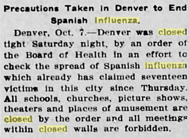 PowellsLeftArm's tweet photo. colorado closures during the 1918 flu pandemic https://t.co/EanQpfIQQa