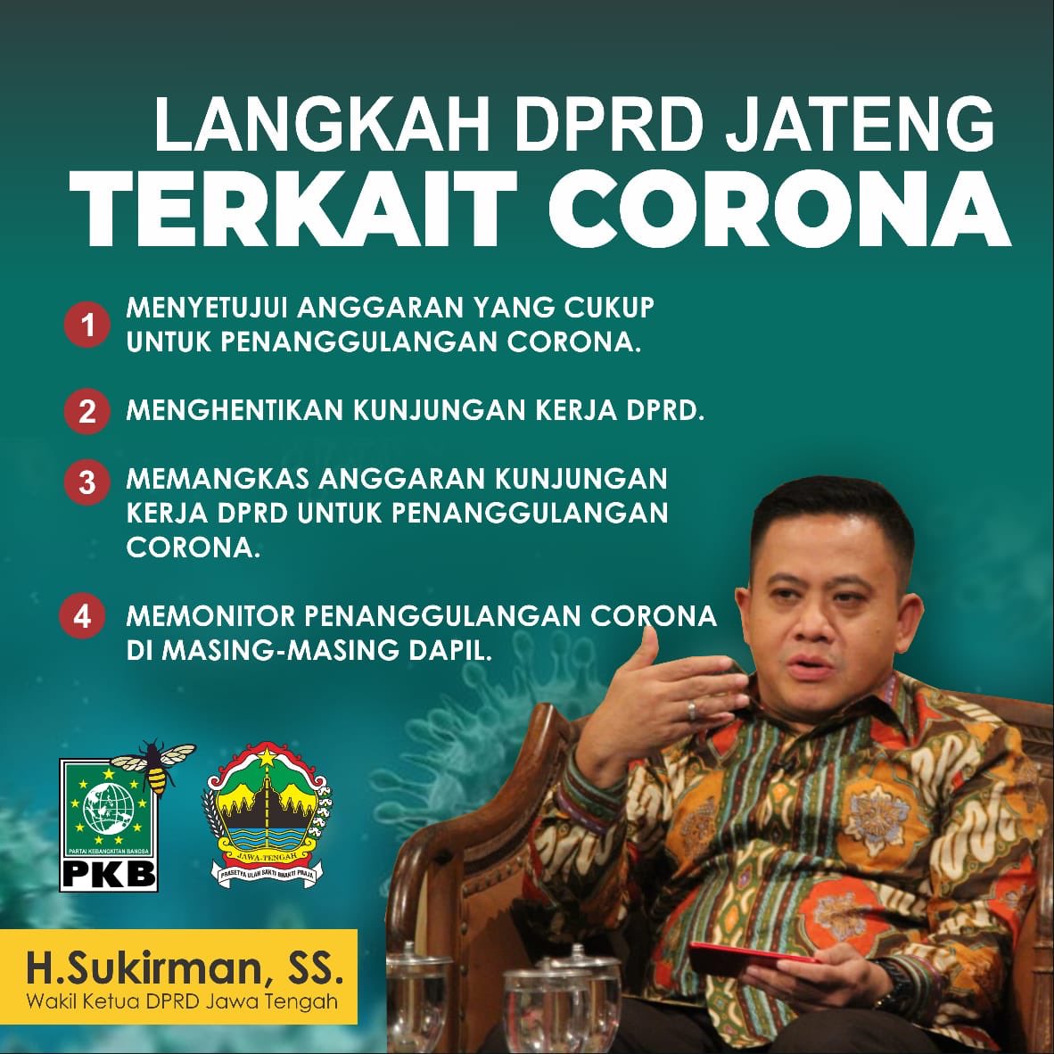 Dana Tak Terduga utk penanggulangan Corona melalui Anggaran Mendahului Perubahan APBD harus disetujui. Kebutuhan anggaran sdg disusun Pemerintah. Caranya: merasionalisasi anggaran di dinas, termasuk memangkas Anggaran DPRD untuk Kungker. Ada masukan?? Cc <a href="/DPP_PKB/">DPP PKB</a> <a href="/FPKBJateng/">FPKB DPRD Jateng</a>