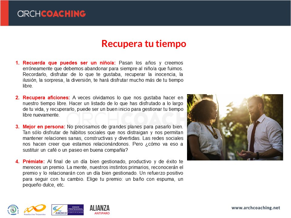 ArchCoaching's tweet photo. #habitosdelcambio #aceptaelreto #archcoaching #coaching #cambio #vida

"Recupera tu tiempo". Tan importante es la actitud, la productividad, como recuperar y gestionar bien tu tiempo libre o de ocio. Aquí te ofrezco algunas claves para tu disfrute. ¡Acepta el reto! https://t.co/RyhxgMcxB3