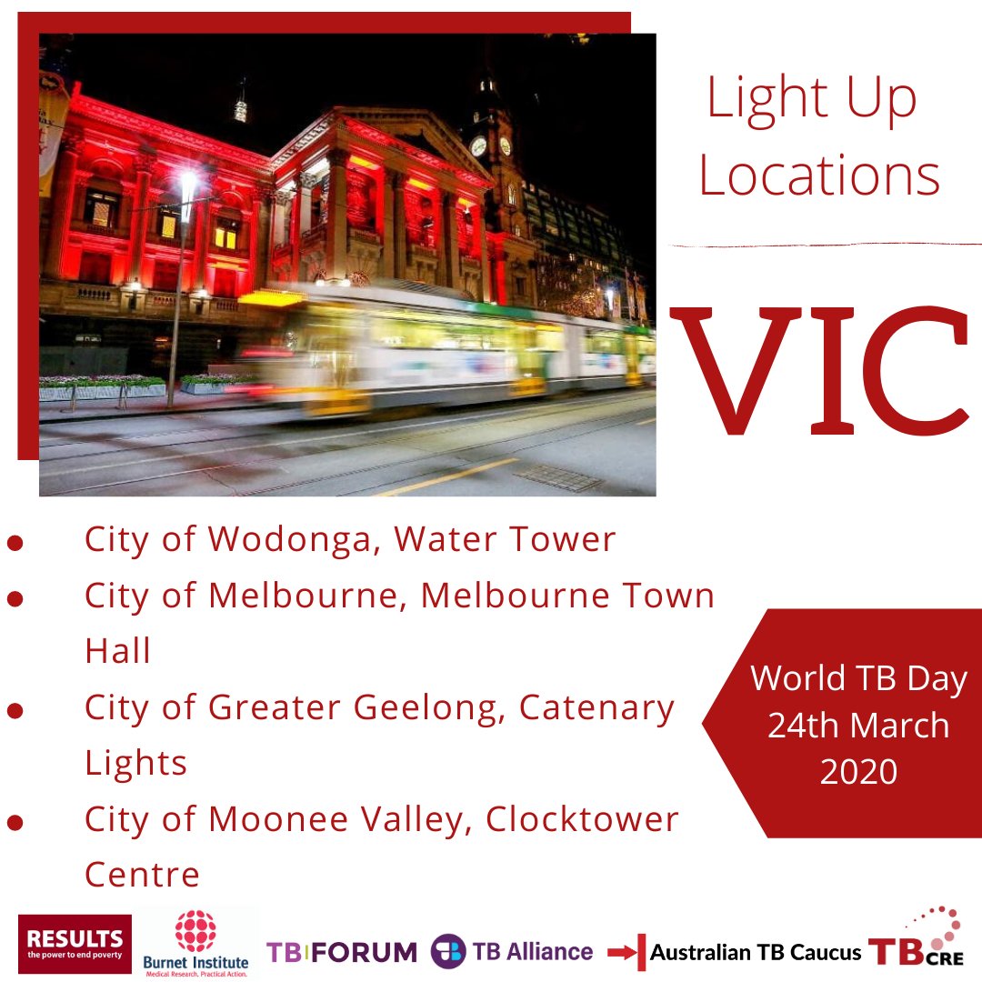 RESULTS_AU's tweet photo. Only one week to go until landmarks across Australia light up red for #WorldTBDay! So great the following councils in Victoria are going to #LightUpRedforTB on Tuesday 24th March. Lets #EndTB.
For the full list of locations, visit: https://t.co/Wg04jzzqBv https://t.co/xh70uviQQh
