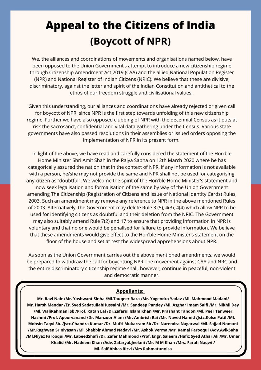 alliancekendra's tweet photo. 𝗔𝗽𝗽𝗲𝗮𝗹 𝘁𝗼 𝘁𝗵𝗲 𝗖𝗶𝘁𝗶𝘇𝗲𝗻𝘀 𝗼𝗳 𝗜𝗻𝗱𝗶𝗮
(𝗕𝗼𝘆𝗰𝗼𝘁𝘁 𝗼𝗳 𝗡𝗣𝗥)

𝐖𝐞, the alliances and coordinations of movements and organisations named below, have been opposed to the Union Government’s attempt to introduce a new citizenship regime through https://t.co/kGssfsuuZa