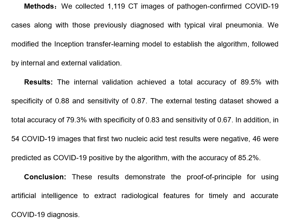 Some Chinese researchers have even applied ML/AI methods to CT analysis with good results. Given the existing capabilities in this area of medical technology, this is a very likely probability to more accurately identify corona 12/n  https://www.medrxiv.org/content/medrxiv/early/2020/03/11/2020.02.14.20023028.full.pdf