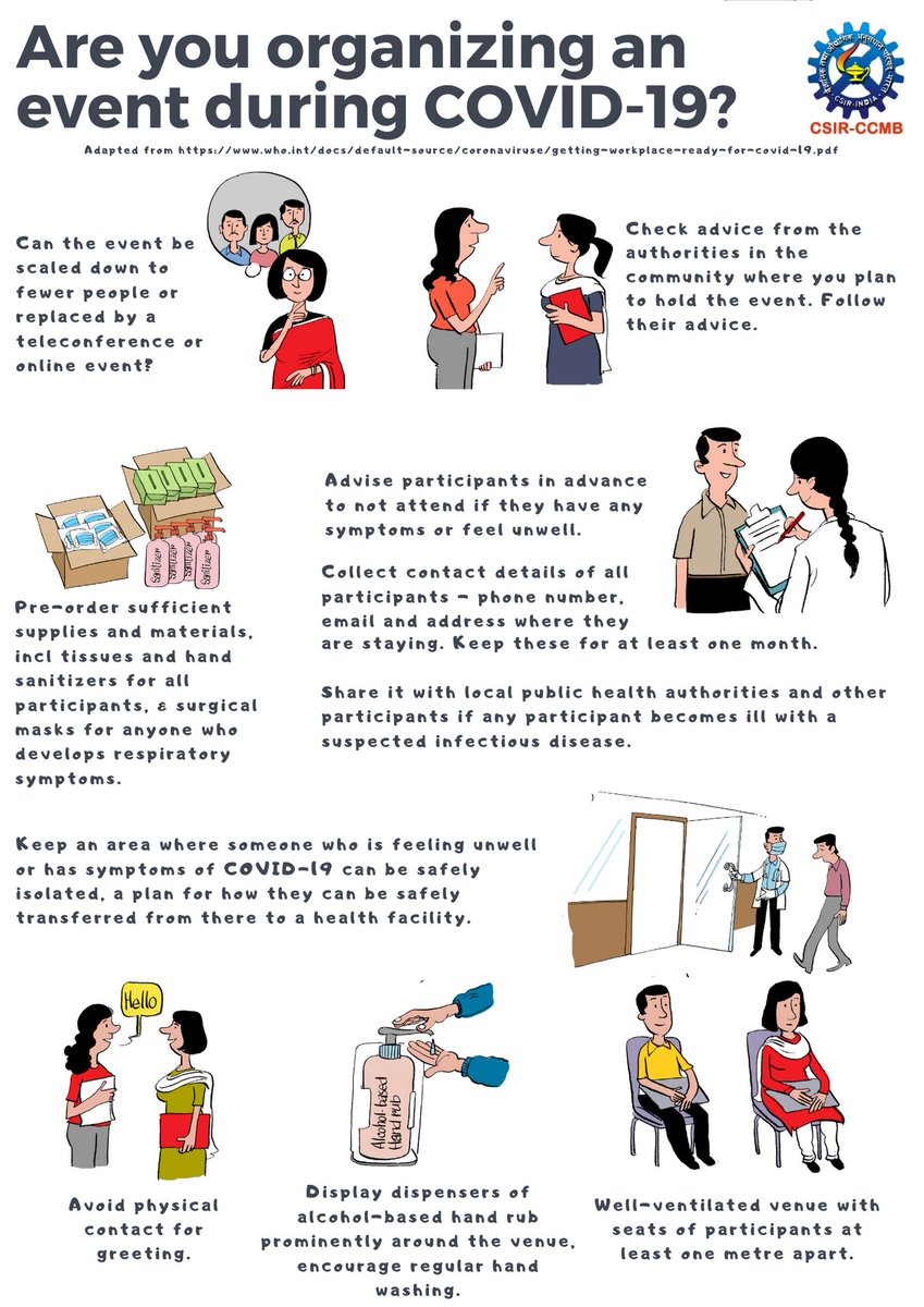 ccmb_csir's tweet photo. We understand you might be stressed and confused of what to do and avoid during these unprecedented times. Here is a list from us (thanks to @WHO guidelines) to chart out a roadmap for safer &amp; healthier work spaces. Share these posters among others, and help them plan better too! https://t.co/QowvwbUcca