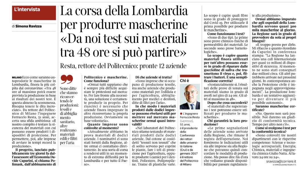 viciocort's tweet photo. @polimi + #mascherina = #polimask ! La corsa di aziende finora impegnate in altro pronte a riconvertirsi per produrre mascherine 👏👏👏 @ferruccioresta @StefanoMainetti @claudia_pingue https://t.co/NrNbbljgk3