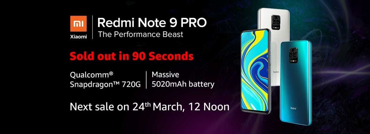 manukumarjain's tweet photo. Thank you everyone for a spectacular response to the first sale of the all-new #RedmiNote9Pro!

Entire quantity went out of stock on @amazonIN within 90 secs. Thank you! 🙏

Rest assured that we are working hard, round the clock to serve you. Next sale on 24th March.

#Xiaomi ❤️ https://t.co/08pWvHWJ2K