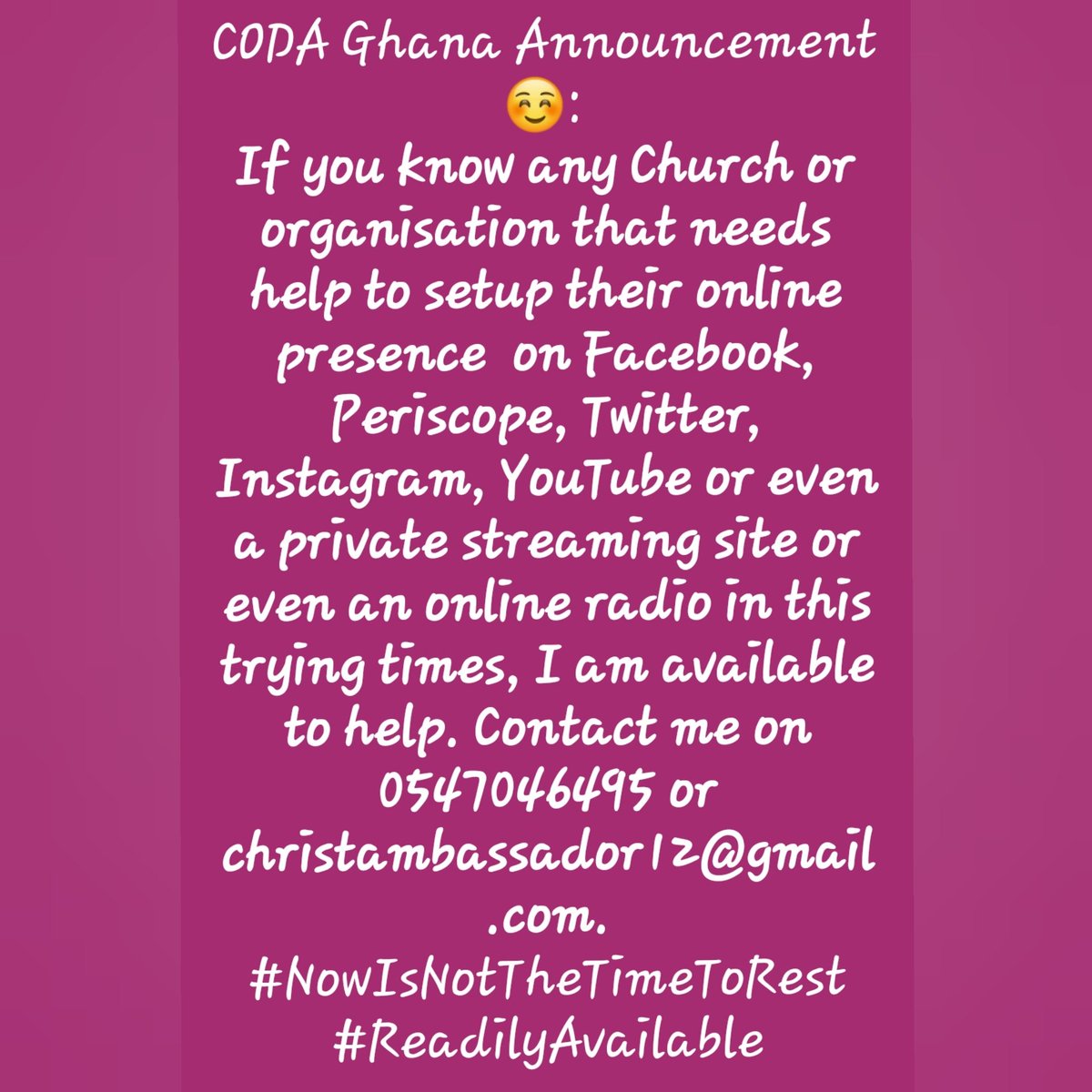 skyino7's tweet image. CODA Ghana Announcement
#NowIsNotTheTimeToRest #ReadilyAvailable #corona #coronavirus #COVID2019 #CoronaVirusGhana