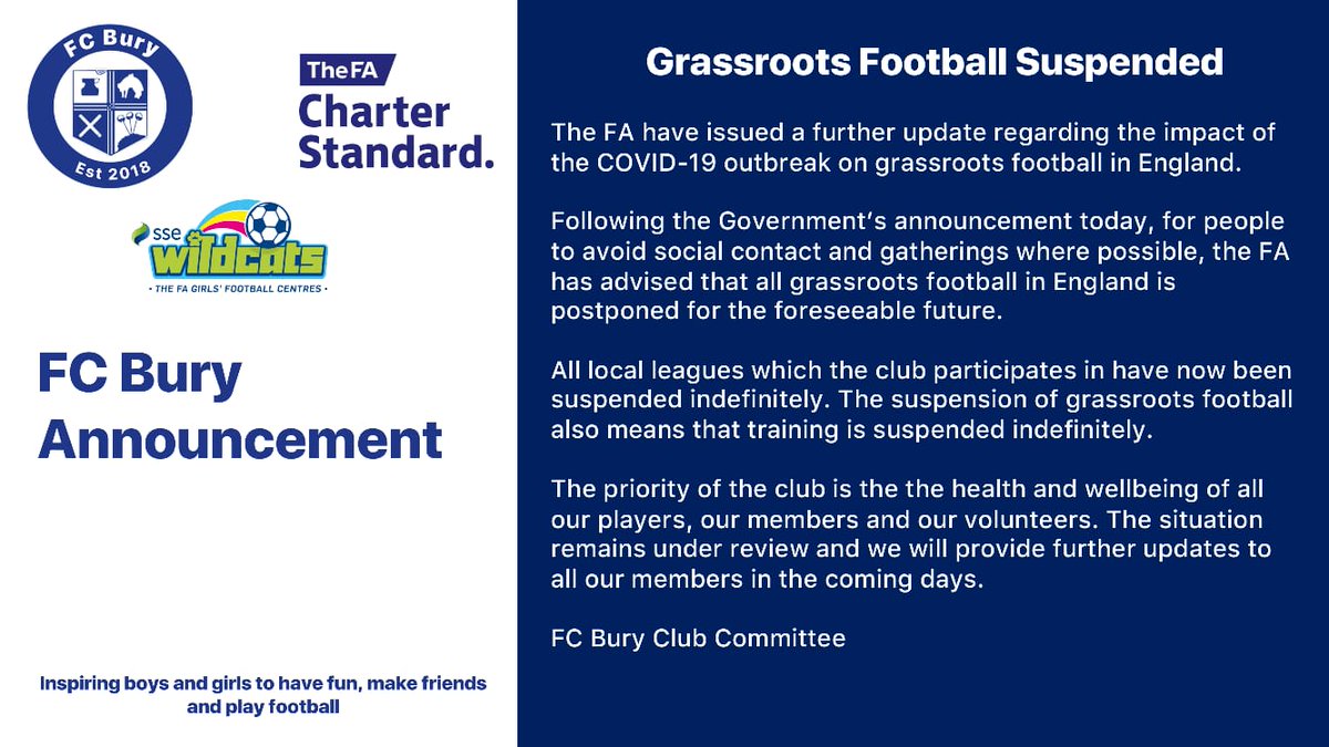 FCBuryOfficial's tweet photo. 📝 FC Bury Club Statement - COVID19

👉 https://t.co/9nmk6VwHRi

#grassrootsfootball #fcbury https://t.co/R1S4brJQtL