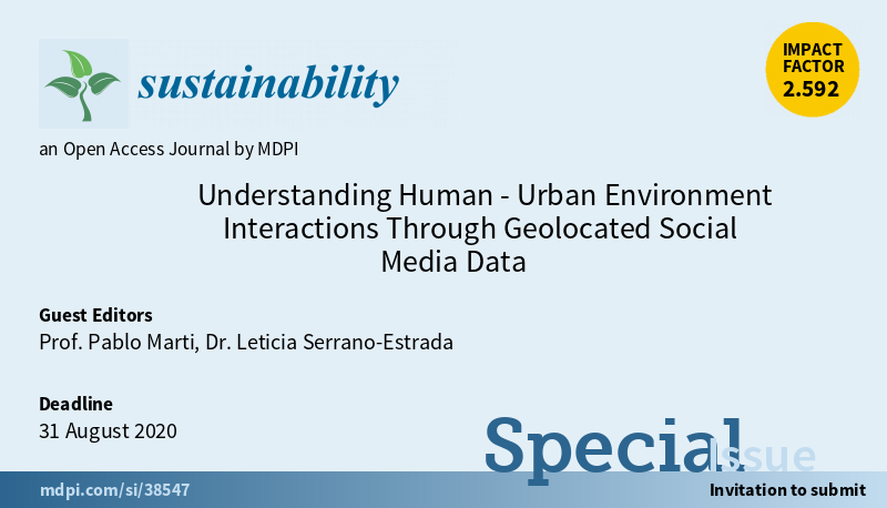 UA_mappingame's tweet photo. 📣#Callforpapers: Understanding Human-Urban Environment Interaction Through Geolocated Social Media Data- #Sustainability #MDPI (Impact Factor 2.592) 
More information>> https://t.co/oPqbDMGYKg #specialisue #socialmedia #urbanplanning https://t.co/Bd0wgxr7KH