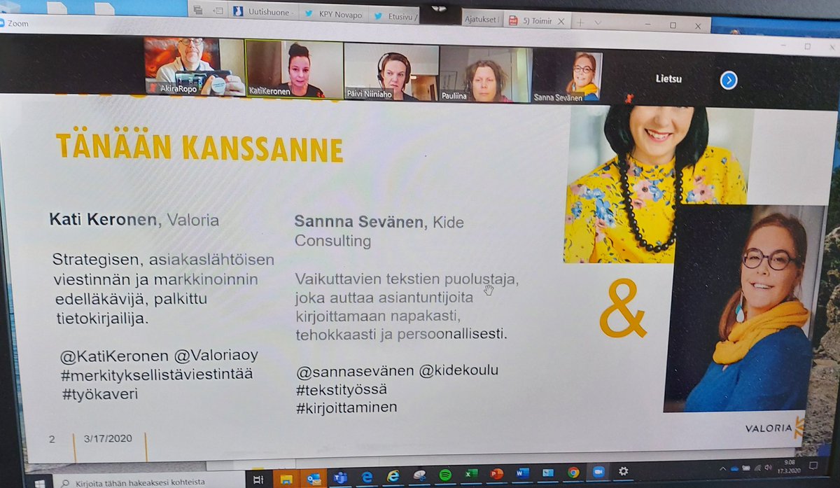 AkiraRopo's tweet photo. Tänään mukana ensimäisessä @k2tre stream koulutuksessa: Työelämän kirjoitustaidot kouluttajina @KatiKeronen @SSevanen #merkityksellistäviestintää #kamarikouluttaa 🇫🇮🚀 https://t.co/ZfkQkVEj7a