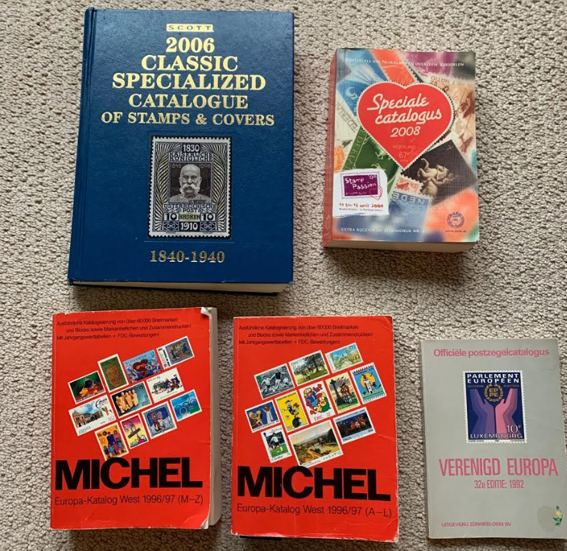 stampioo's tweet photo. Since lots of us are stuck at home. let’s do something different.. post pictures of the oldest catalogs you have .. here are mine.. Michel, Scott, NVPH and Zonnebloem.... let’s see yours.. feel free to tag me and use #OldCatalog tag so we can find yours easily. #philately #stamps https://t.co/KZtWFZ4tO5