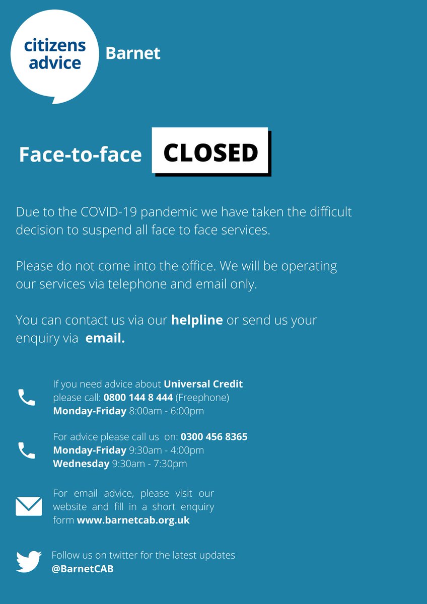 BarnetCAB's tweet image. #COVID19 UPDATE:

- In light of the recent announcements we have taken the difficult decision to suspend all face to face services.

- You can still call our helpline for advice: 0300 456 8365
or visits us at barnetcab.org.uk for email advice.