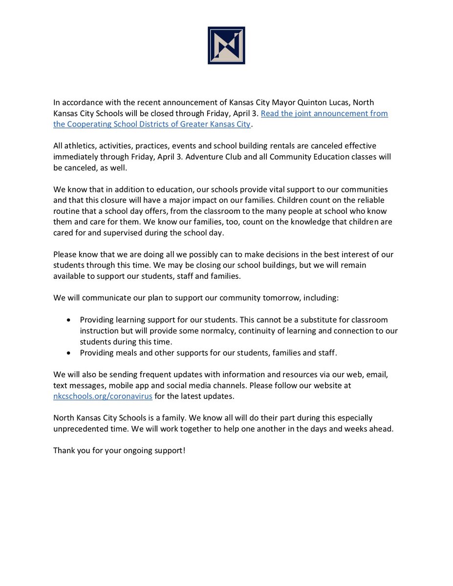 WW leaders &amp; families-we are here for you every step of the way.  The following letter comes from <a href="/NKCSchools/">NKC Schools</a> regarding the closing of our school through  4/3.  Additional information will be provided about virtual learning &amp;  we will update details here as they evolve. #wwproud