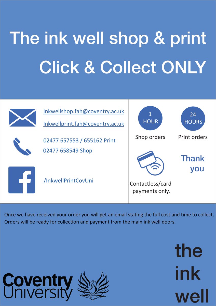 OTLCovUni's tweet image. The inkwell has launched a new click and collect service. The shop will be closed to customer entry from 23 March. See Moodle for details:
cumoodle.coventry.ac.uk/mod/forum/disc… @CUInfoPoint @covcampus @cusu @CovUniLibrary @CoventryFAH @covuniaccomm @CovUniFBL @CU_HLS @covunieec  #printservice