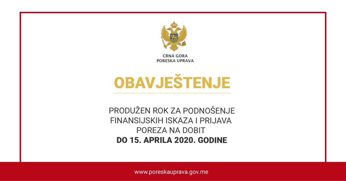 CgUprava's tweet photo. @CgUprava izašla u susret privredi i produžila rok za dostavu finansijskih iskaza i prijava poreza na dobit 15 dana zbog epidemiološke situacije u Crnoj Gori.
Finansijski iskazi i prijave podnose se isključivo #elektronski. 
#ostanidoma #coronainfoCG https://t.co/VCiaMoTT2X