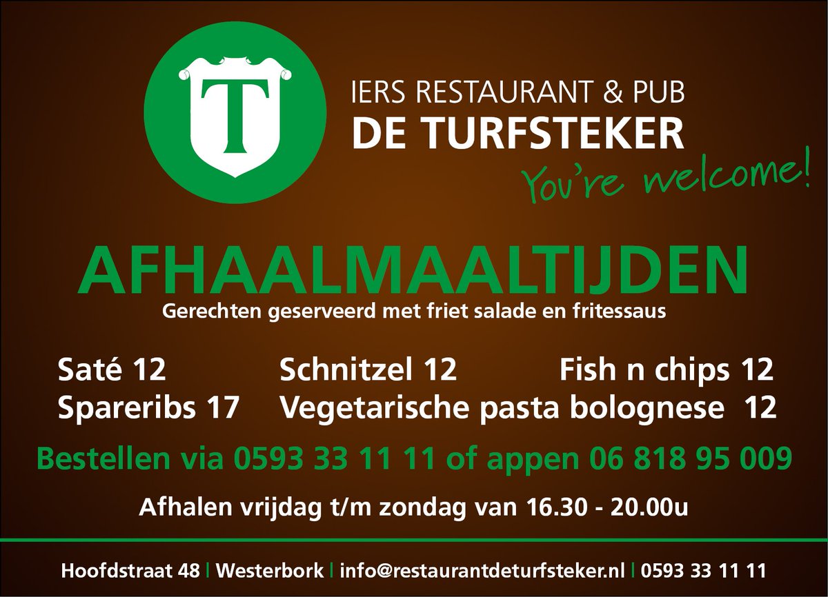 Omdat we het restaurant dicht moeten doen en wél ontzettend zin hebben in koken, kunnen jullie bij ons maaltijden afhalen. Bel 0593331111 of bel/app naar 0681895009. Neemt u zelf een tas mee..? #restaurant #turfsteker #thuiseten #afhalen