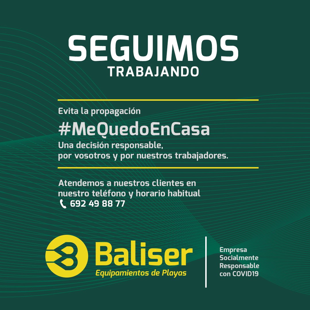 Baliserplayas's tweet photo. En estos momentos debemos estar unidos, por ello en #Baliser nos quedamos ven casa. Atenderemos vuestras llamadas y e-mails en el horario habitual desde casa 😉
#QuedateEnCasa #YoMeQuedoEnCasa #FrenaLaCurva #MeQuedoEnCasa https://t.co/XdS73rmeWR