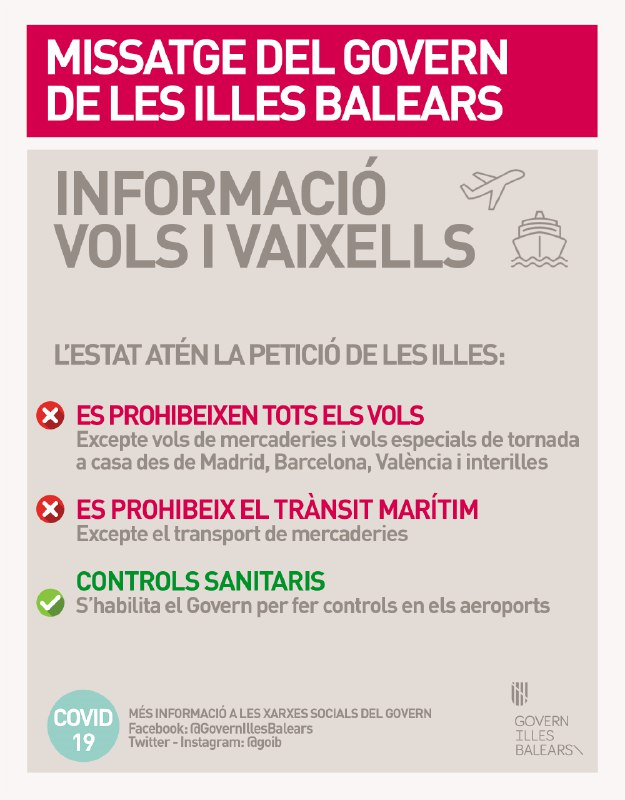 goib's tweet photo. INFORMACIÓ OFICIAL: MOBILITAT.

Tancat l’espai aeri i marítim.

#coronavirus
https://t.co/ByjZmEcS92 https://t.co/tGF6DUbI6O