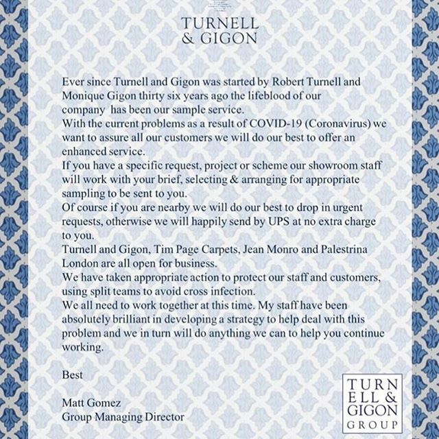 TimPageCarpets's tweet photo. A message from our managing director regarding the Coronavirus outbreak in UK. https://t.co/UScppv1MD2