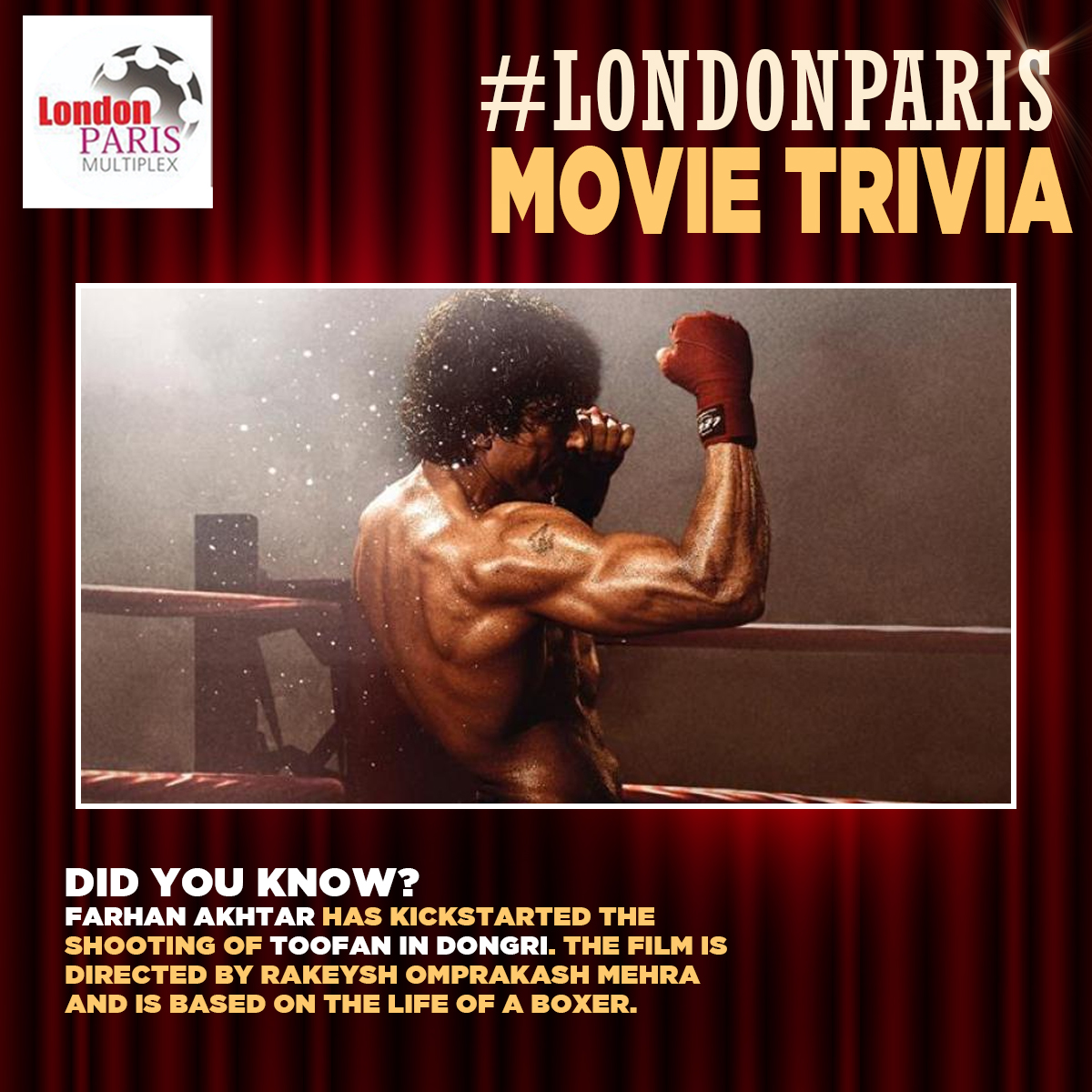 #FarhanAkhtar has kickstarted the shooting of #Toofan in Dongri directed by #RakeyshOmprakashMehra &amp; is based on the life of a boxer.

It is produced by Akhtar &amp; #RiteshSidhwani’s #ExcelEntertainment along with Mehra’s ROMP.

The film is slated to release on October 2, 2020.