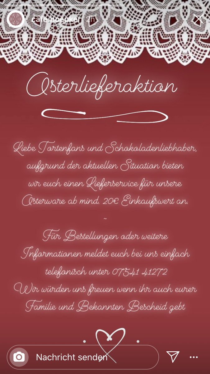 #COVID2019 bringt Herausforderungen für alle Bereiche des Lebens. 
Zum Glück hat die #KonditoreiHöpker ab jetzt einen Lieferservice. 
Damit ist mein Überleben gesichert.