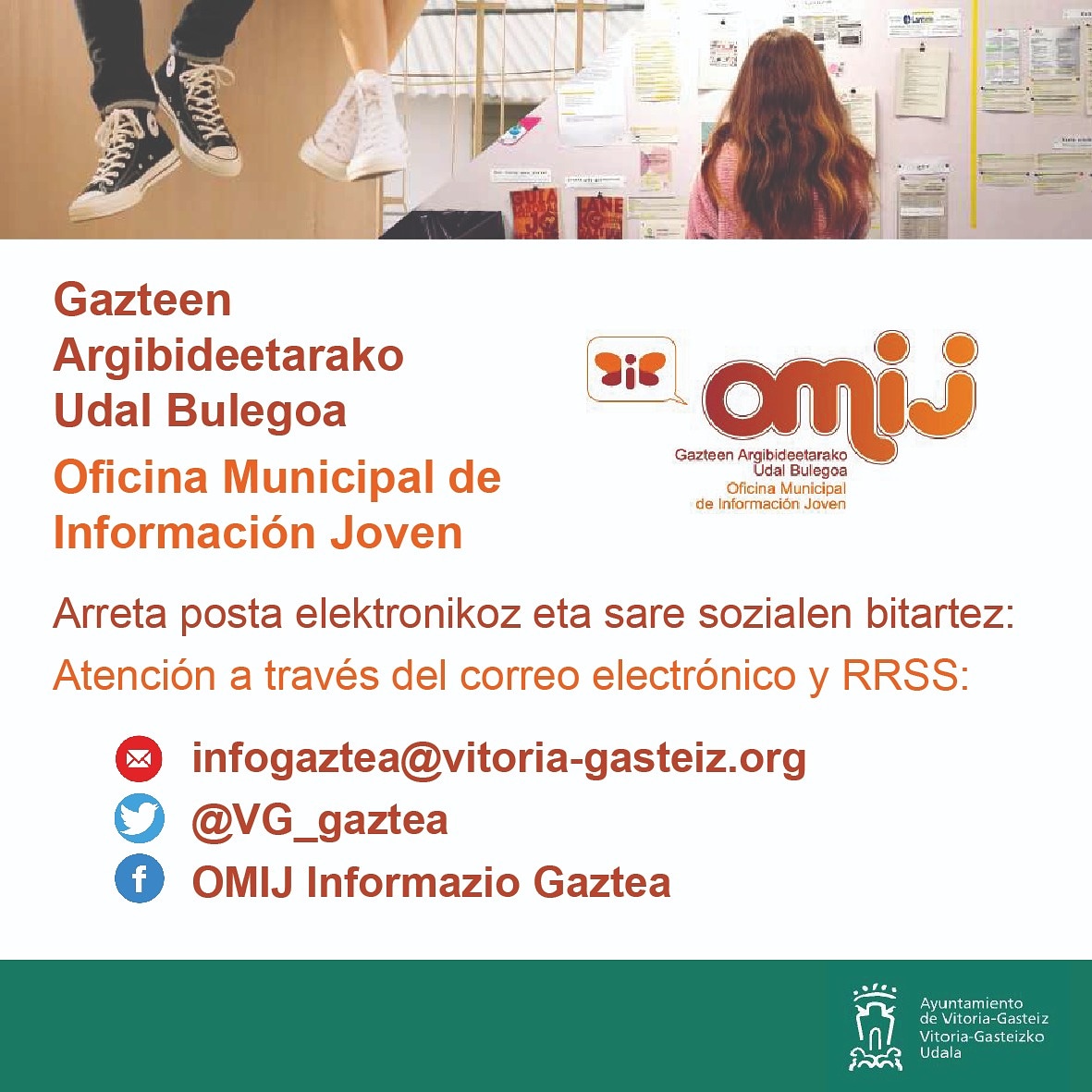 GAZTEEN ARGIBIDEETARAKO BULEGOA irekita dago posta elektronikoz eta sare sozialetan!!! Galdetu! 😎 📩 infogaztea@vitoria-gasteiz.org