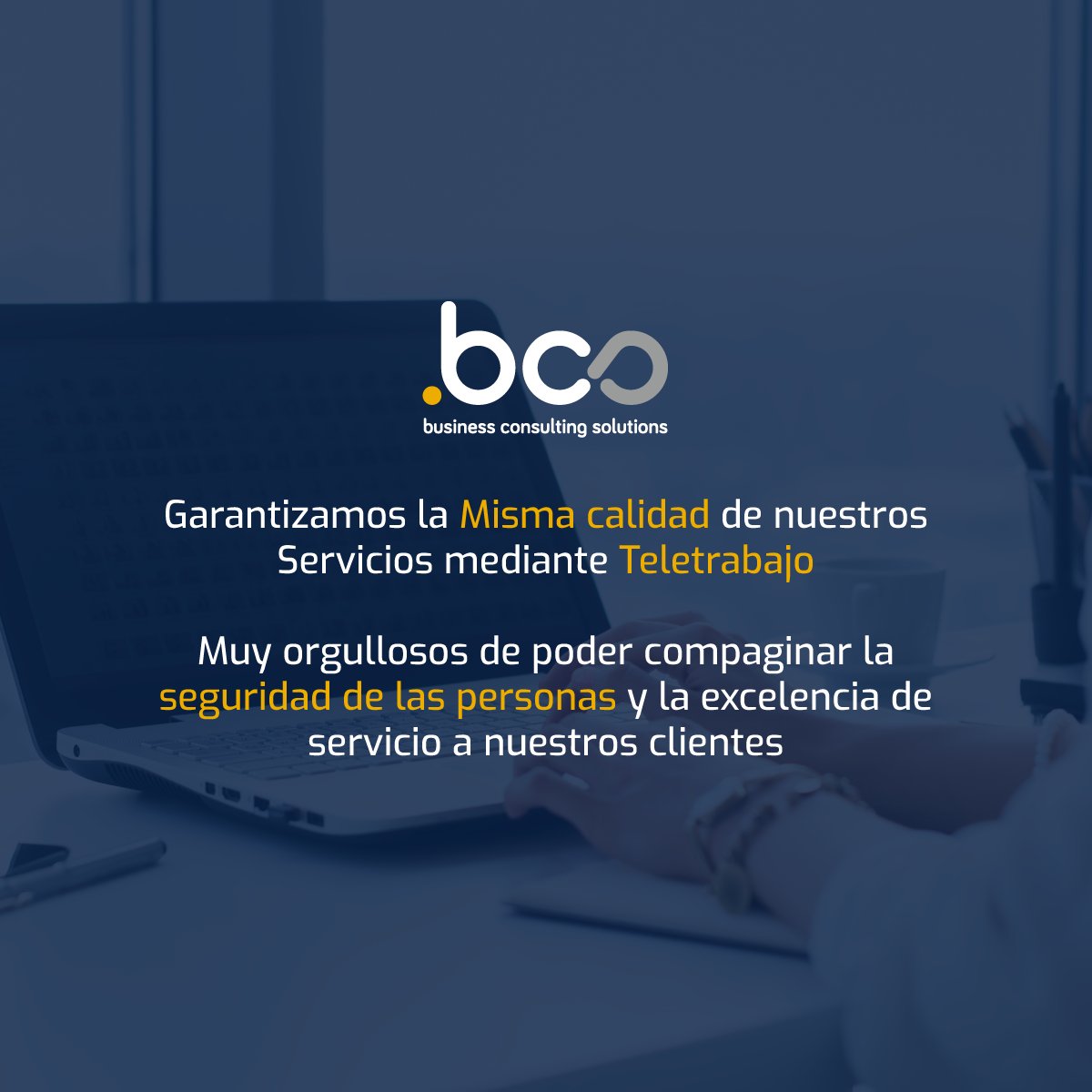 Por responsabilidad, en bcs hemos decidido realizar nuestras funciones mediante teletrabajo las próximas 2 semanas.
Al ser una compañía Digital, garantizamos las comunicaciones y los correctos flujos de trabajo.
Para más información accede a nuestro blog.
bcsconsultoresdenegocio.com/noticias/telet…