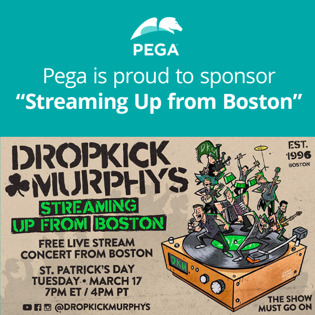 wellerk7's tweet photo. We're 'streaming up from Boston' this St. Patrick's Day! Pega is proud to sponsor a live concert from the Dropkick Murphys directly to you, wherever you are. Watch on their Facebook page here https://t.co/xDMLnttnWC, or Pega's at https://t.co/ilv5TVwxEV. https://t.co/wIv4TijiWe https://t.co/lZonKiJPXe