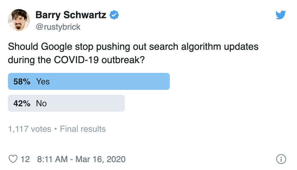 rustybrick's tweet photo. 58% of SEOs would prefer if Google halts Google algorithm updates during COVID-19 outbreak https://t.co/RkcfWBP1k8 https://t.co/9UdMVtsuWT