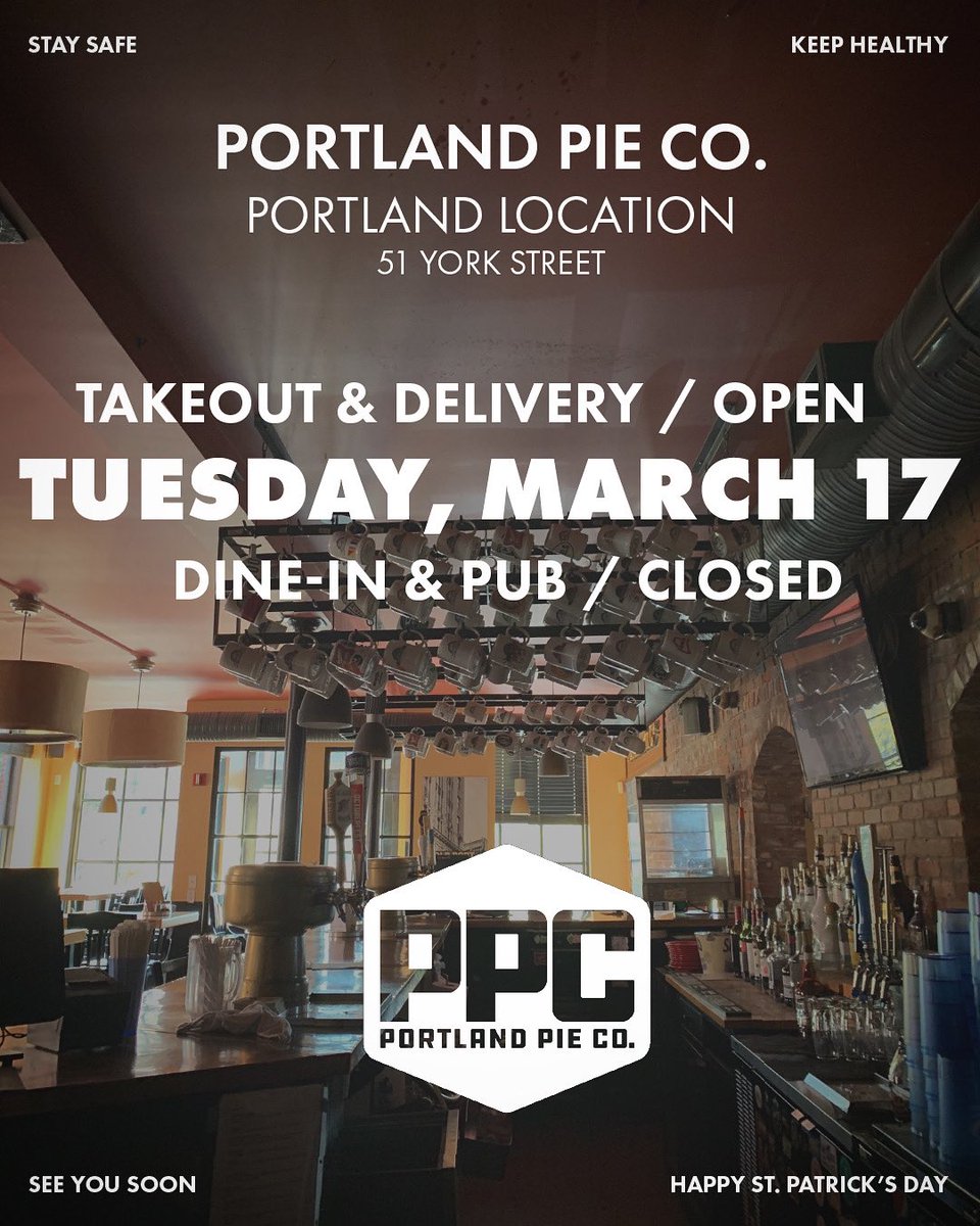 PortlandPieCo's tweet photo. All systems are go for Delivery &amp; Takeout at our Portland location today but our Dining Room &amp; Pub will be closed today as the City of Portland looks to keep things in check on this very different St. Patrick’s Day. We’ll raise a pint for you and hope to see you soon. https://t.co/QfoE5UWZyt