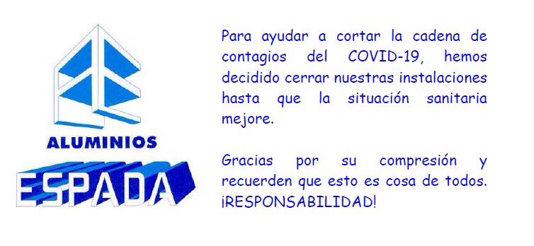 AluminiosEspada's tweet photo. Seguiremos atendiendo teléfonos, correos electrónicos, WhatsApps, ... TODO SALDRÁ BIEN 🌈 https://t.co/Lvnb5lXyDd