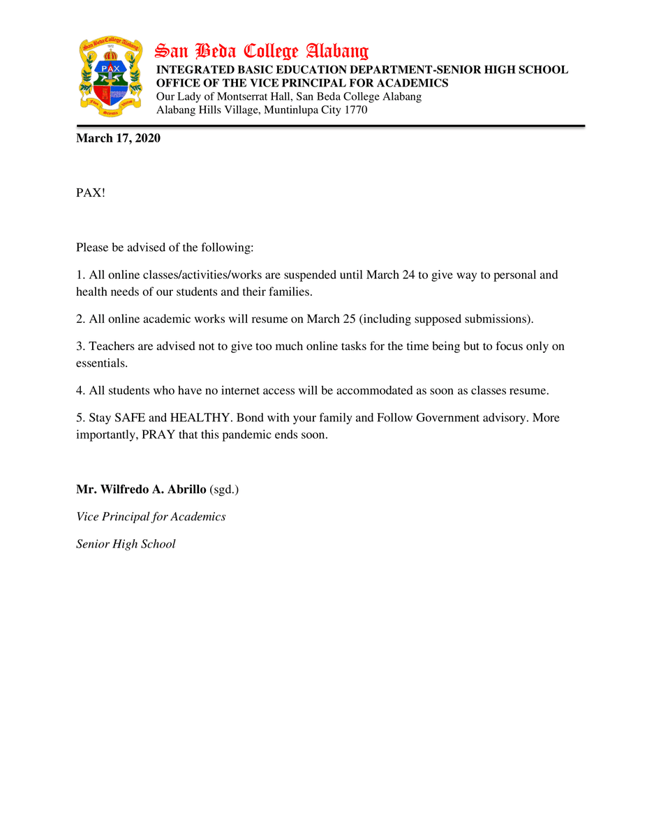 SBCA_CSG's tweet photo. ANNOUNCEMENT‼️

All online classes/activities/works are suspended until March 24 for the SHS Department as per the Office of the Vice Principal of Academics. (see attached photo for more details)

STAY SAFE &amp; REST WELL, BEDANS😉 https://t.co/yOFREFJIe4