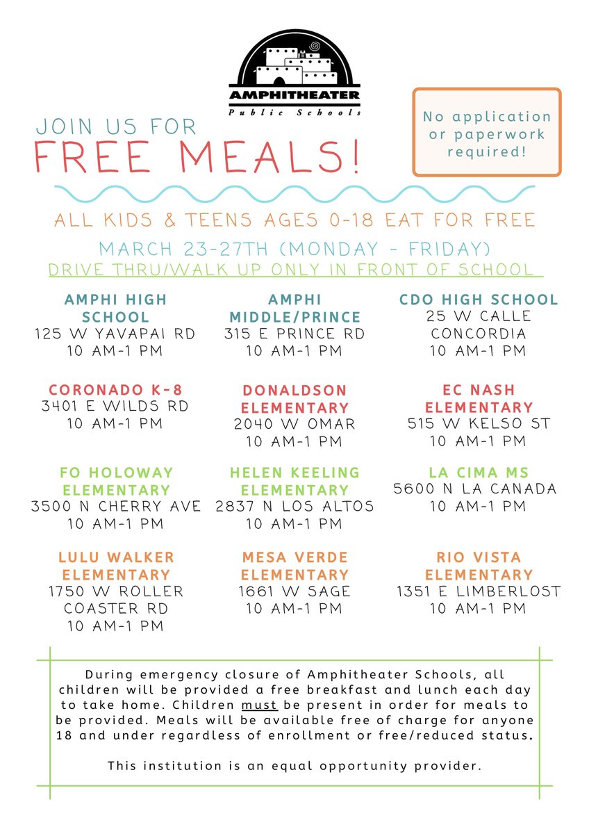 Many districts are providing free meals while schools are out-Amphi's schedule-starts March 23-anyone 0-18 is welcome-no sign-up needed. <a href="/voices4Ed/">Voices for Education</a> <a href="/TucsonSentinel/">Tucson Sentinel</a>  <a href="/AmphiNAEP/">Amphi Native Ed</a>
<a href="/TchrsInIndustry/">Teachers in Industry</a> <a href="/AmphiSchools/">Amphi Public Schools</a>
