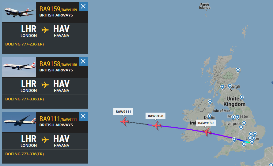 simple_flying's tweet photo. British Airways is currently flying three Boeing 777s to Havana. The flights are the first to be operated to Cuba by the British flag carrier's 777s in 20 years. Images: @British_Airways, @flightradar24, @MarineTraffic

https://t.co/87WB92jfrz https://t.co/A7DukCbEMQ