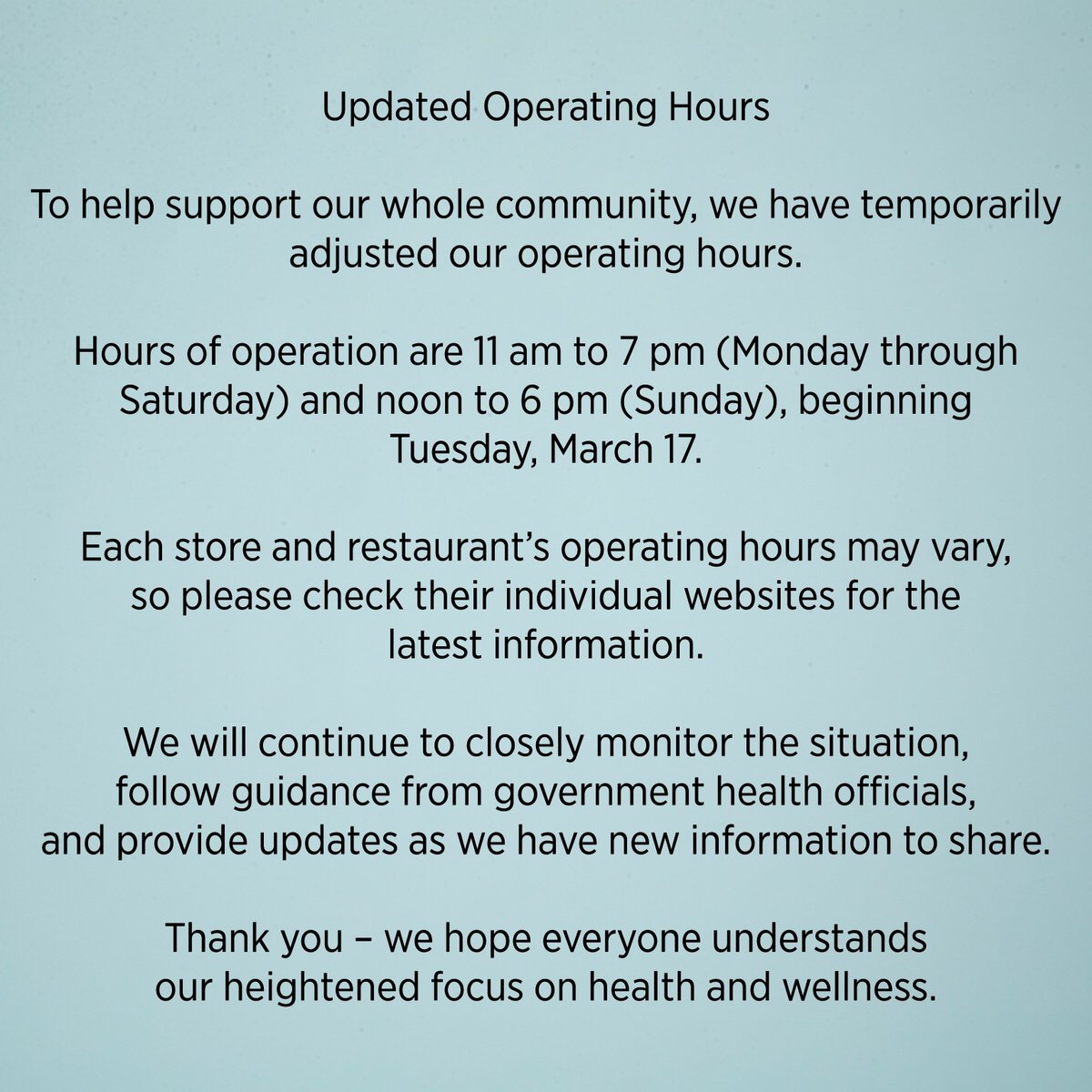A message regarding updated Operating Hours-