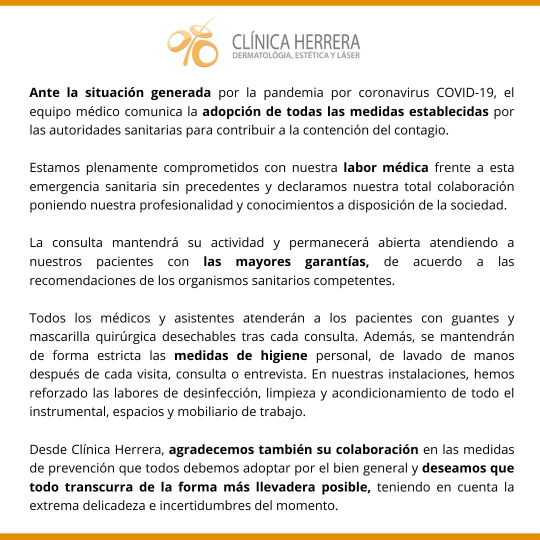 clinicaeherrera's tweet photo. Ante la situación generada por la pandemia por #coronavirus COVID-19, el equipo médico comunica la adopción de todas las medidas establecidas por las autoridades sanitarias para contribuir a la contención del contagio. #dermatología #derma #dermatology https://t.co/Hv3aEzG5yi