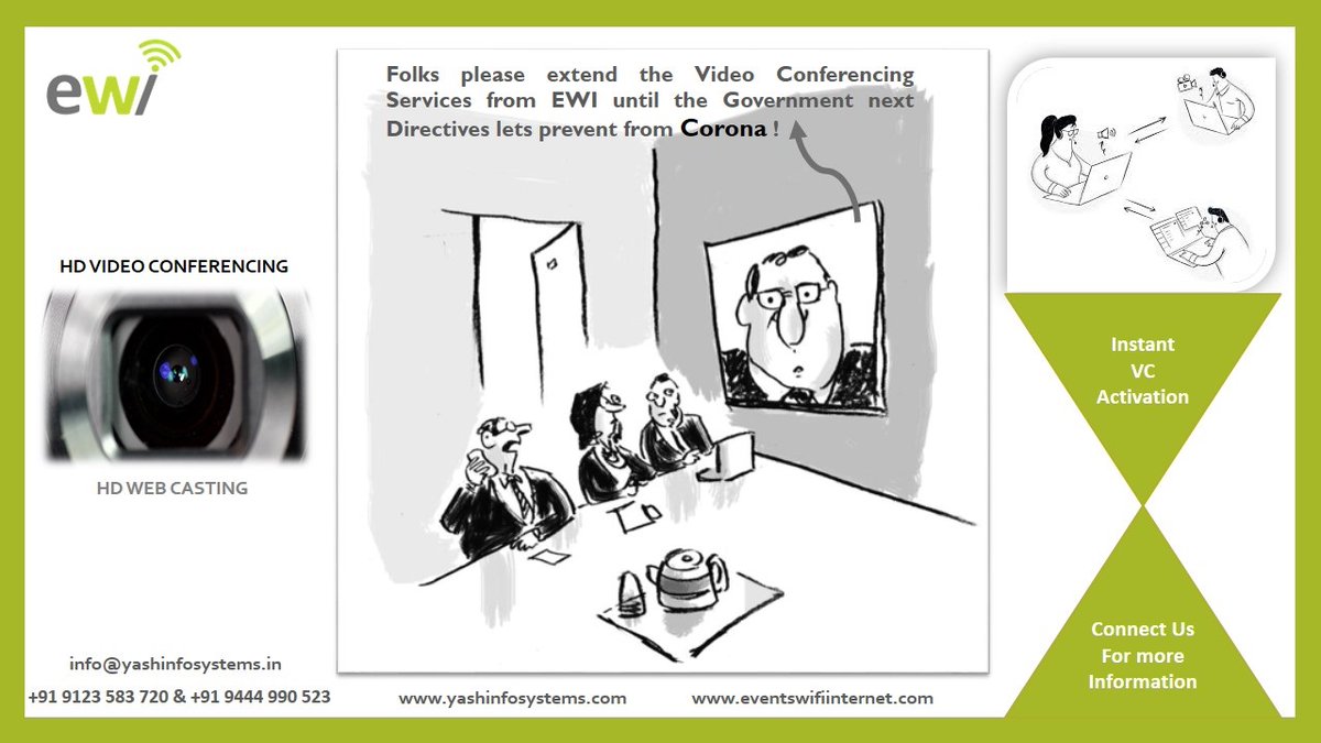 We provide HD Video Conference Equipment’s on Rental and Webcasting technologies to help you engage with your vendors, employee and audiences.
#videoconferencerental #vcrentalchennai #VCrentalbangalore #vcrentalmumbai #vcrentaldelhi #vcrentalgurgaon
eventswifiinternet.com