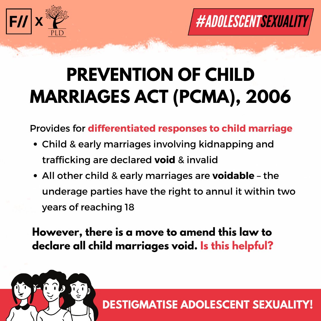 FeminismInIndia's tweet photo. The PCMA governs #childmarriage in #India. It makes a distinction between marriages where the child has been trafficked or kidnapped – which are declared invalid or VOID, and other underage marriages as VOIDABLE – which means they can be nullified at the choice of the minor. https://t.co/hUOoDM1P2W