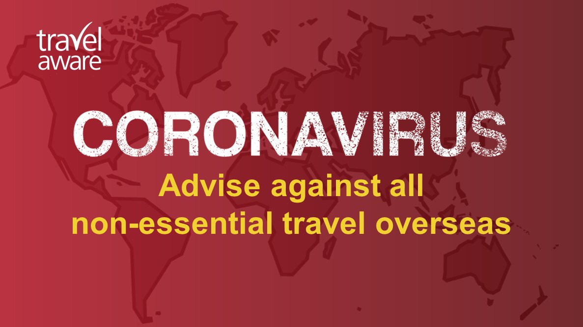 FCDOtravelGovUK's tweet photo. UPDATE: We now advise against all non-essential travel overseas. 

Read our guidance here: https://t.co/W15xn0wNJr

#coronavirus | #COVID19 https://t.co/rb36CpCJpw