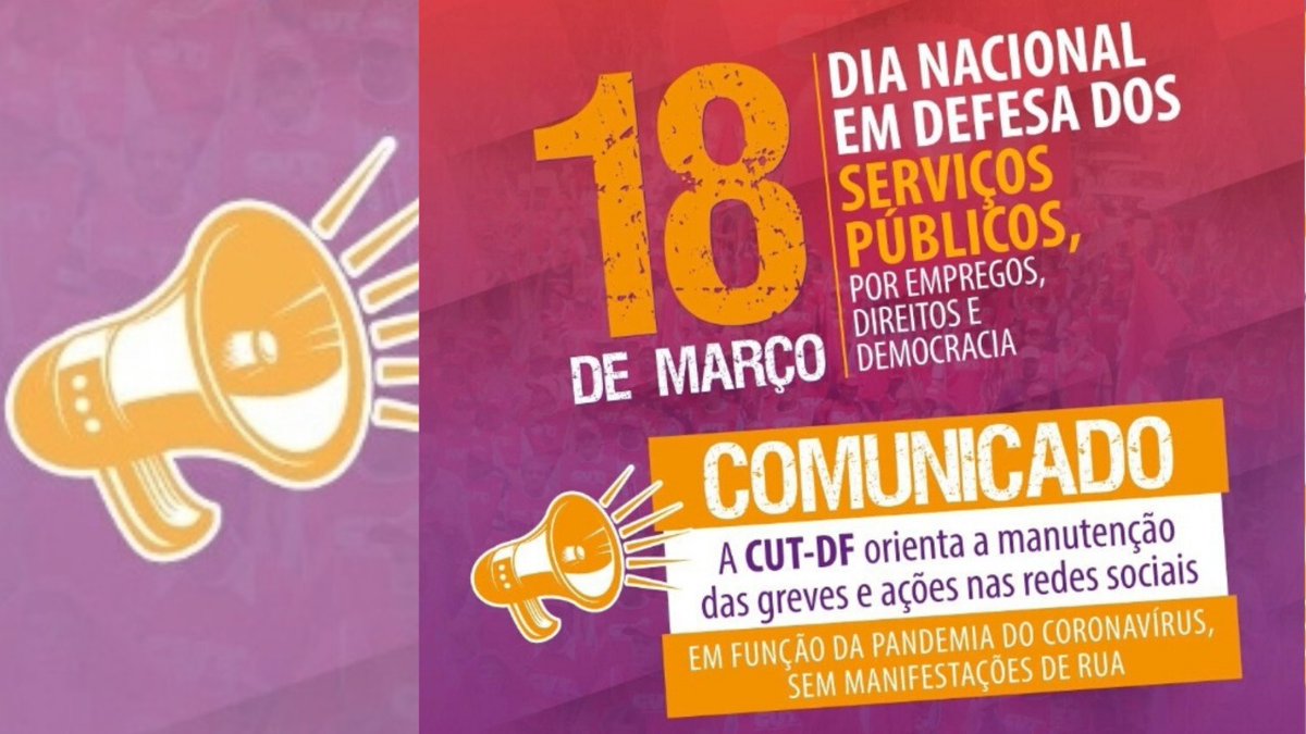 ptdf13's tweet image. 18 de Março| CUT DF E SINDICATOS SUSPENDEM MANIFESTAÇÕES MAS GREVE ESTÁ MANTIDA
A decisão, tomada de forma consciente e responsável, é uma forma de prevenir o alastramento do coronavírus.
bit.ly/2QpjXkZ

#CUTDF #PTDF #18M #GreveGeral