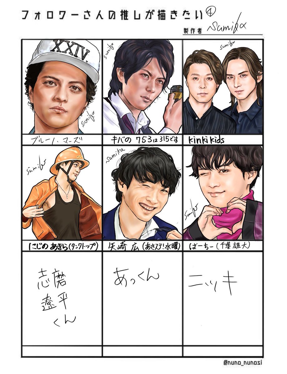 #フォロワーさんの推しが描きたい
第4弾
あと3人\(^o^)/
頑張るぞー?ラインナップが渋い。
 #ブルーノマーズ #名護さん #キンキキッズ #堂本剛 #堂本光一 #虹野明 #矢崎広 #千葉雄大 