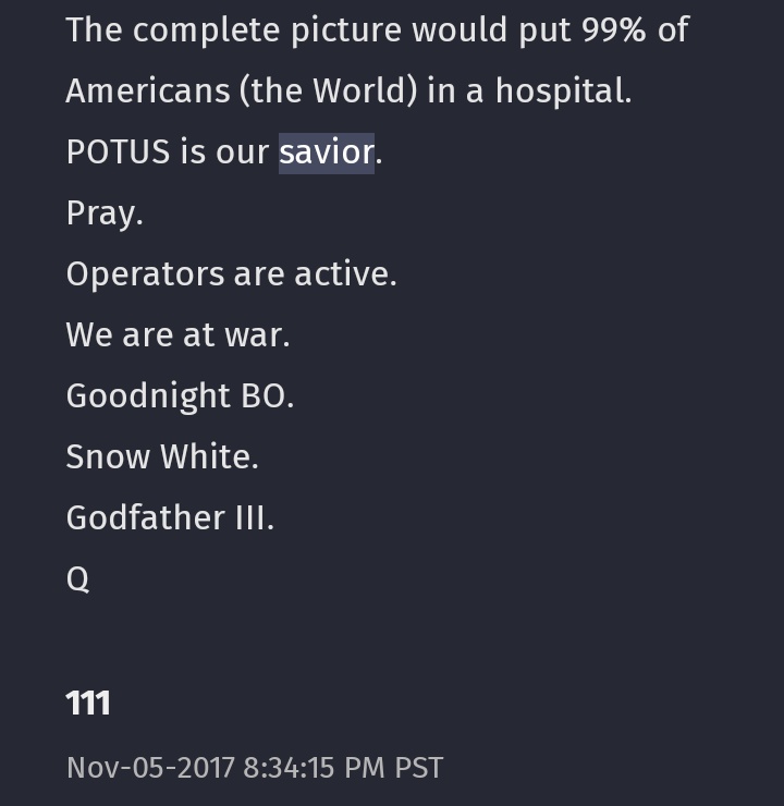 18. continuedThere are many more examples but there is a good example of 17 related to Jesus.However Q never references the name Jesus even once throughout all of his drops.He only points to Trump the military or his followers as the savior. Never points you to Jesus Christ