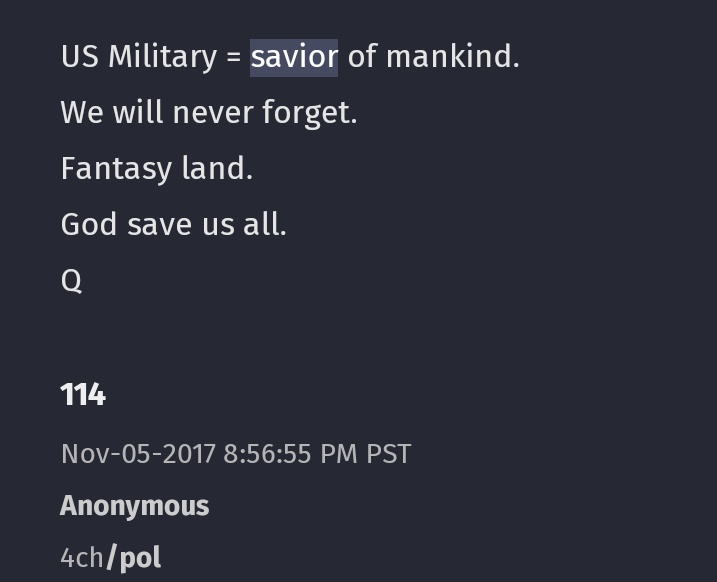 18. continuedThere are many more examples but there is a good example of 17 related to Jesus.However Q never references the name Jesus even once throughout all of his drops.He only points to Trump the military or his followers as the savior. Never points you to Jesus Christ