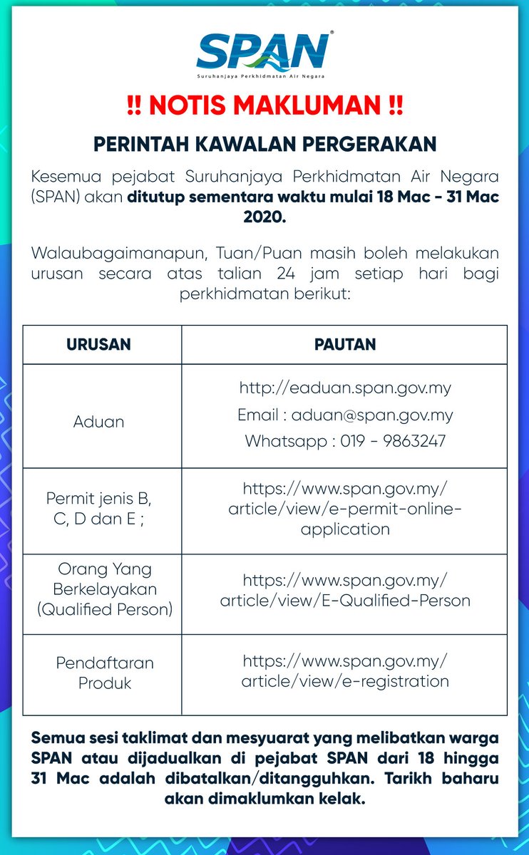 Suruhanjaya Perkhidmatan Air Negara Auf Twitter Kesemua Pejabat Suruhanjaya Perkhidmatan Air Negara Span Akan Ditutup Sementara Waktu Mulai 18 Mac 31 Mac 2020 Walaubagaimanapun Tuan Puan Masih Boleh Melakukan Urusan Secara Atas