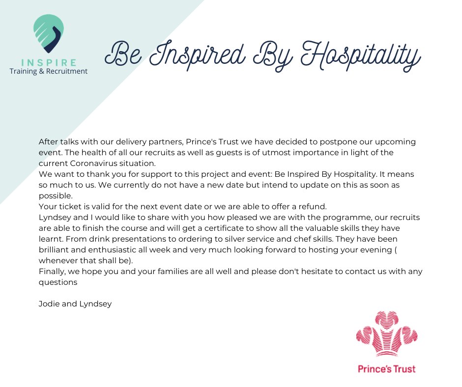 UPDATES
Good Morning
After talks with our delivery partners, Prince's Trust yesterday we have decided to postpone our upcoming event. The health of all our recruits as well as guests is of utmost importance in light of the current Coronavirus situation.
More details in pic