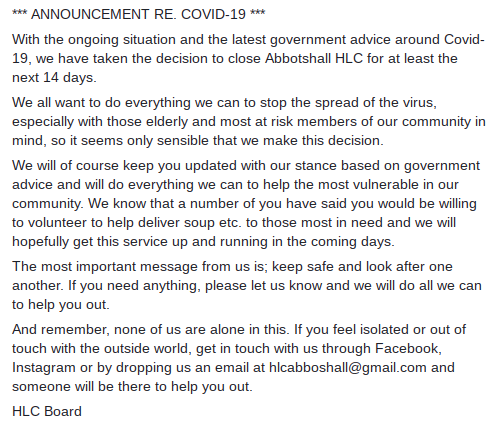 With the ongoing situation and the latest government advice around Covid-19, we have taken the decision to close Abbotshall HLC for at least the next 14 days.

Full statement below

#covid19 #community #Catford