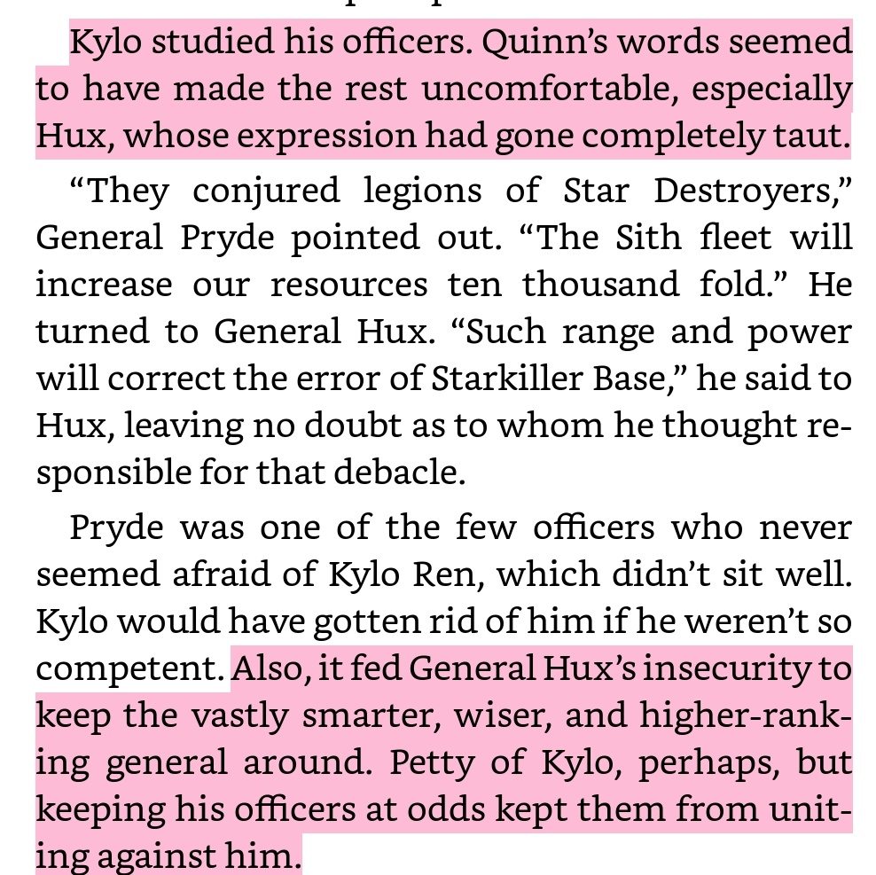 Yananiris's tweet image. #TRoSNovel Spoilers

Kylo is constantly thinking about what Hux is doing or his emotional state.

It's not healthy &amp;amp; it is petty to feed into Hux's insecurities by undermining him. Would've been easier to get rid of Hux if he actually didn't care. Yet he does in a villanous way.